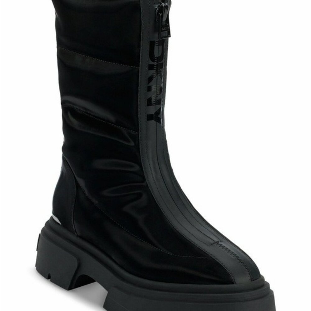 DKNY Fiza Black Platform Zipper Boots Chunky Sole Almond Toe Synthetic US Sz 7.5